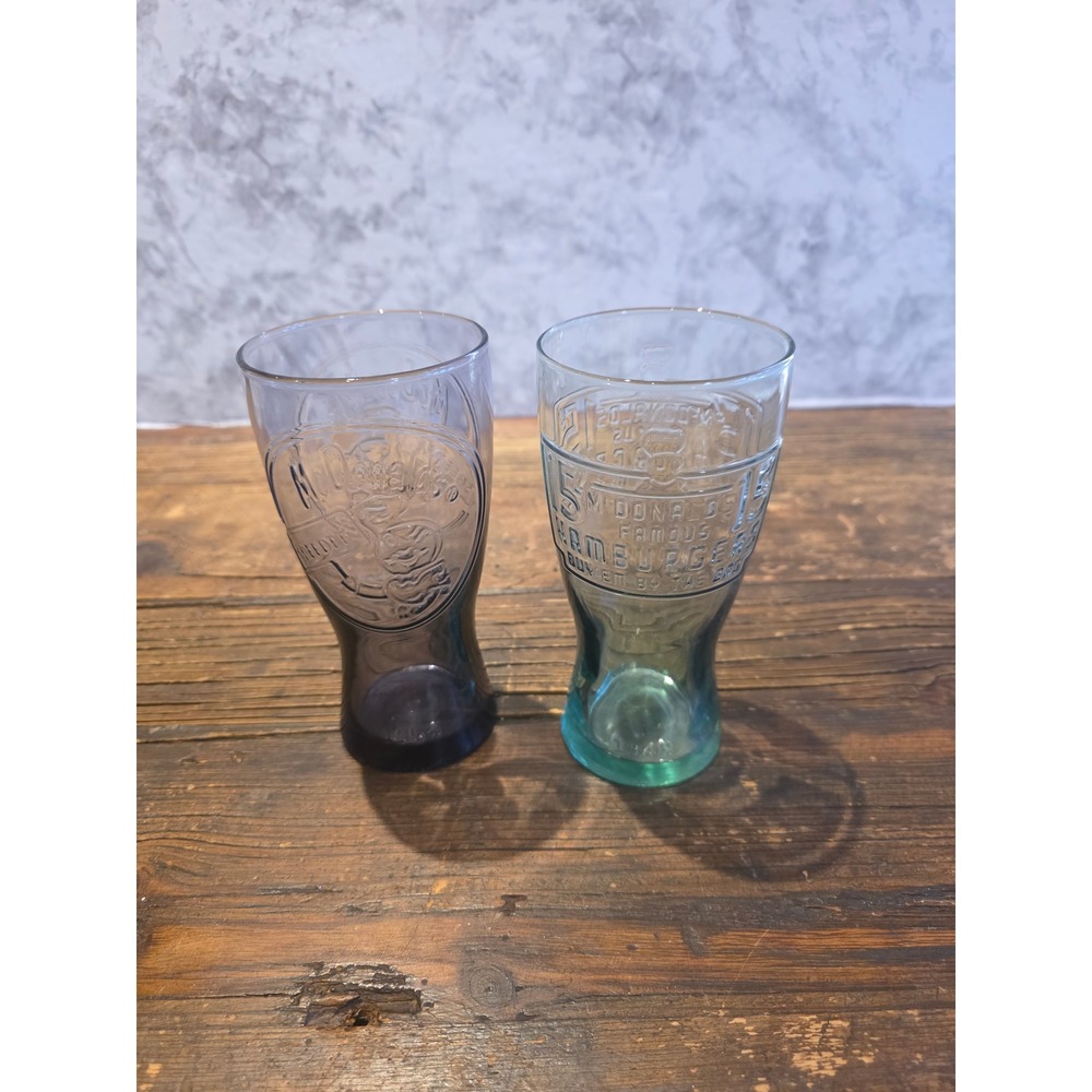 McDonalds Coca-Cola Anniversary Glasses Set 1948 1955 Purple Teal Embossed 2pc